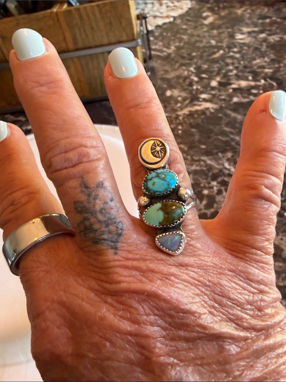Sterling Silver Moon & Star Turquoise Statement Ring in Blue-Green
Size 6.5 - Picture 3 of 3